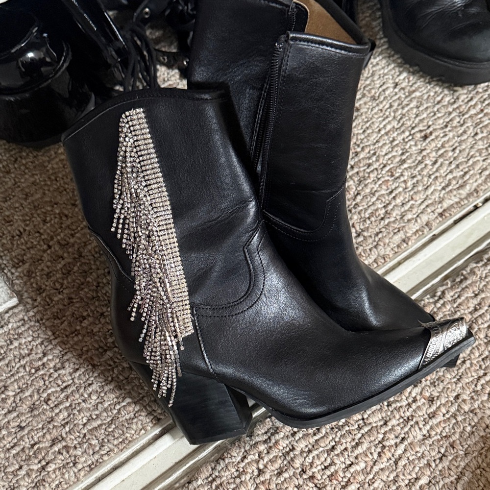 Black Leather cowboy Ankle Boots with Silver Fringe